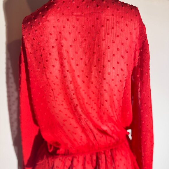 This LUSH red long sleeve blouse features a romantic Swiss dot texture and light - Picture 7 of 11
